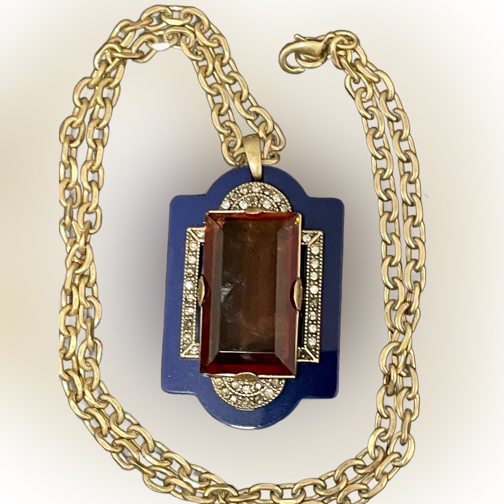 LULU FROST for J CREW Pendant Necklace Art Deco Amber Glass Navy Resin Crystals